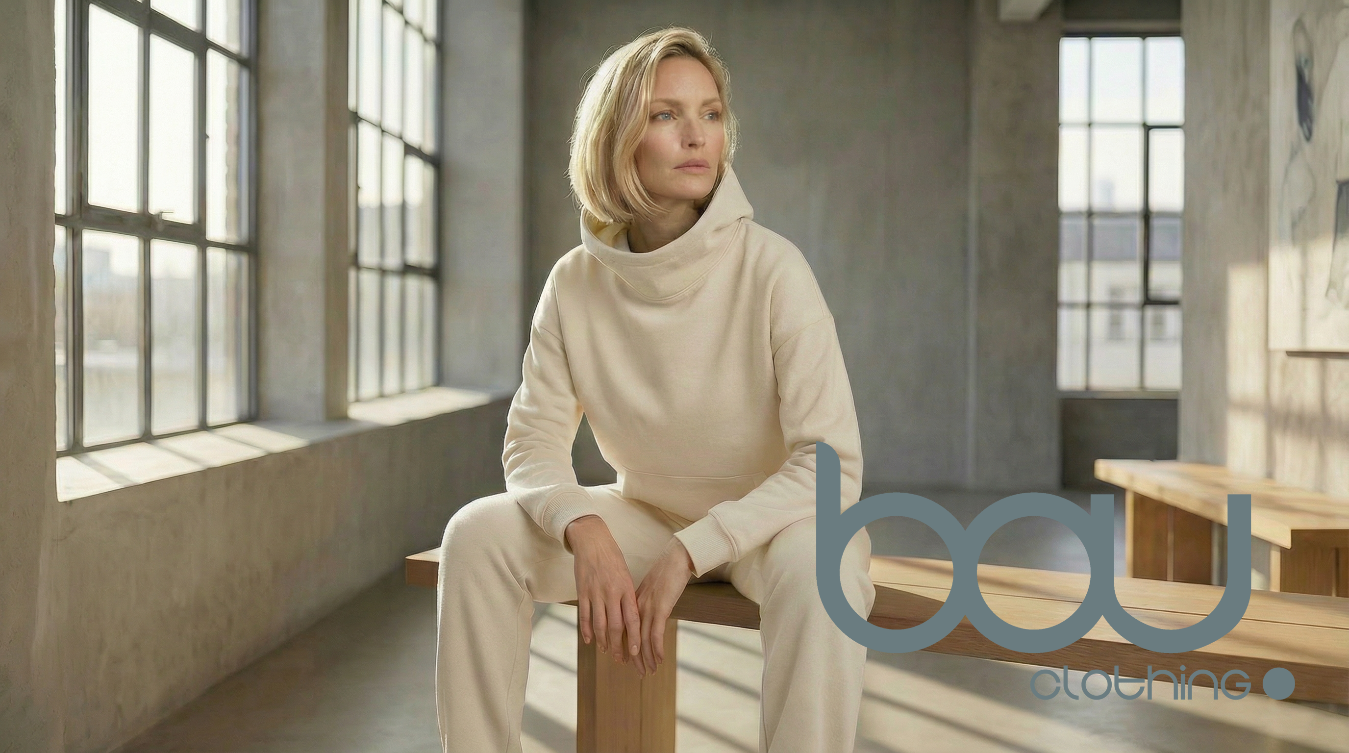 Woman sitting on a bench in a bright studio wearing Bou Clothing Cream Hoodie and Joggers with the Bou Clothing Logo in. the bottom corner.