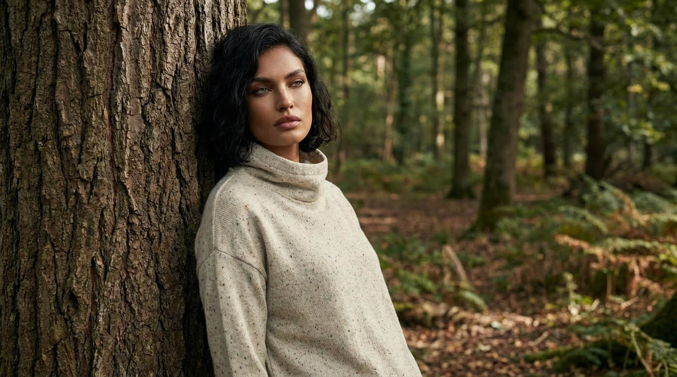 Woman wearing Bou, Beige Red Fleck Deryn Luxury Hoodie, standing against a tree in a wooded forest.