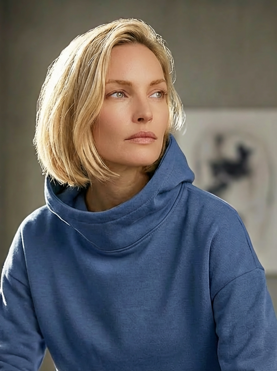 Model wearing Bou Clothing’s Denim Blue luxury Deryn hoodie in a softly lit modern interior, showcasing a relaxed fit, premium fabric, and minimalist neutral style.