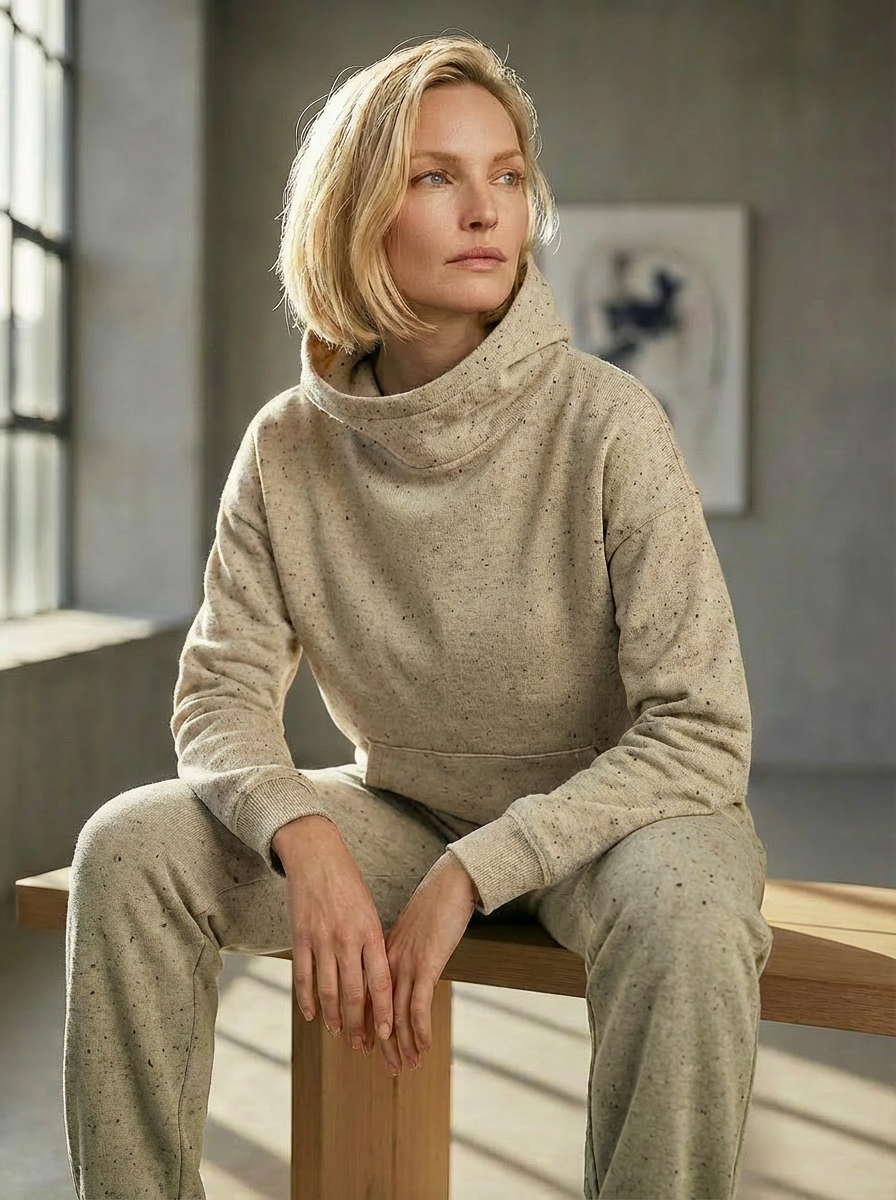 Model wearing Bou Clothing’s Beige Red Fleck luxury Deryn hoodie and matching joggers, seated on a wooden bench in a softly lit modern interior, showcasing a relaxed fit, premium fabric, and minimalist neutral style.