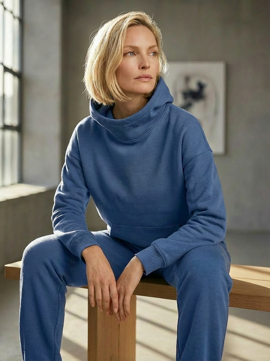 Model wearing Bou Clothing’s Denim Blue luxury Deryn hoodie and matching joggers, seated on a wooden bench in a softly lit modern interior, showcasing a relaxed fit, premium fabric, and minimalist neutral style.
