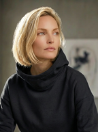 Model wearing Bou Clothing’s Black luxury Deryn hoodie, in a softly lit modern interior, showcasing a relaxed fit, premium fabric, and minimalist neutral style.