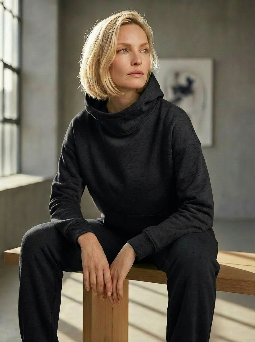 Model wearing Bou Clothing’s Black luxury Deryn hoodie and matching joggers, in a softly lit modern interior, showcasing a relaxed fit, premium fabric, and minimalist neutral style.