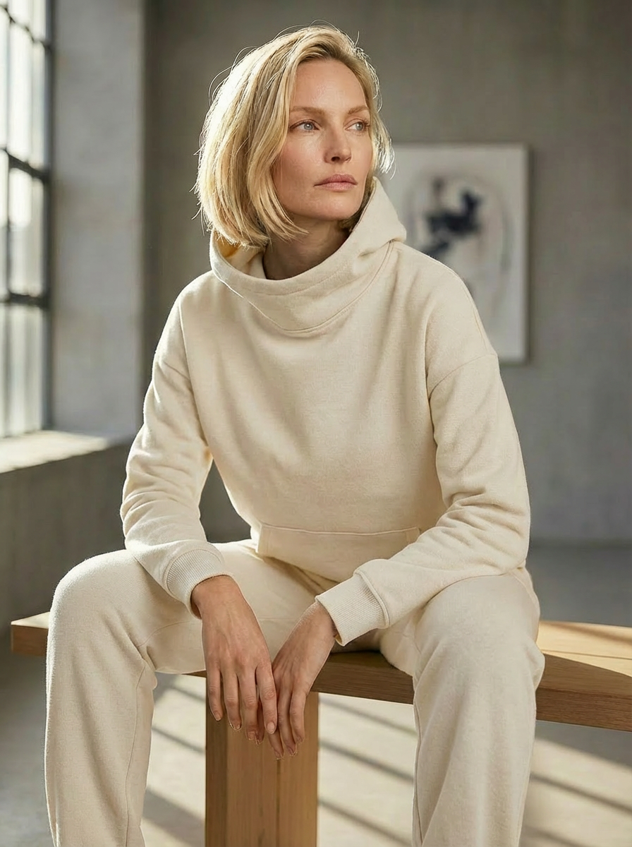 Model wearing Bou Clothing’s cream luxury hoodie and matching joggers, seated on a wooden bench in a softly lit modern interior, showcasing a relaxed fit, premium fabric, and minimalist neutral style.