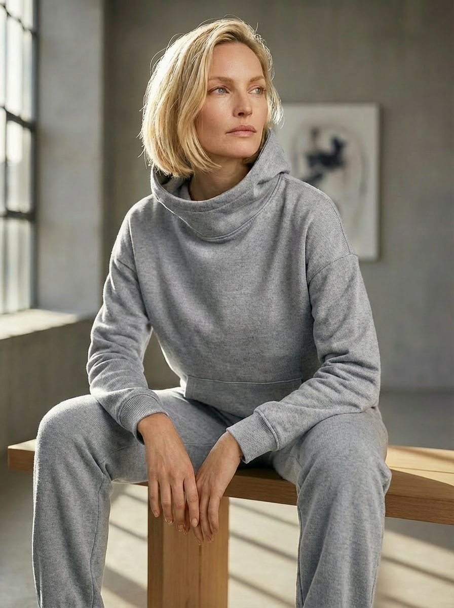 Model wearing Bou Clothing’s Grey luxury Deryn hoodie and matching joggers, seated on a wooden bench in a softly lit modern interior, showcasing a relaxed fit, premium fabric, and minimalist neutral style.