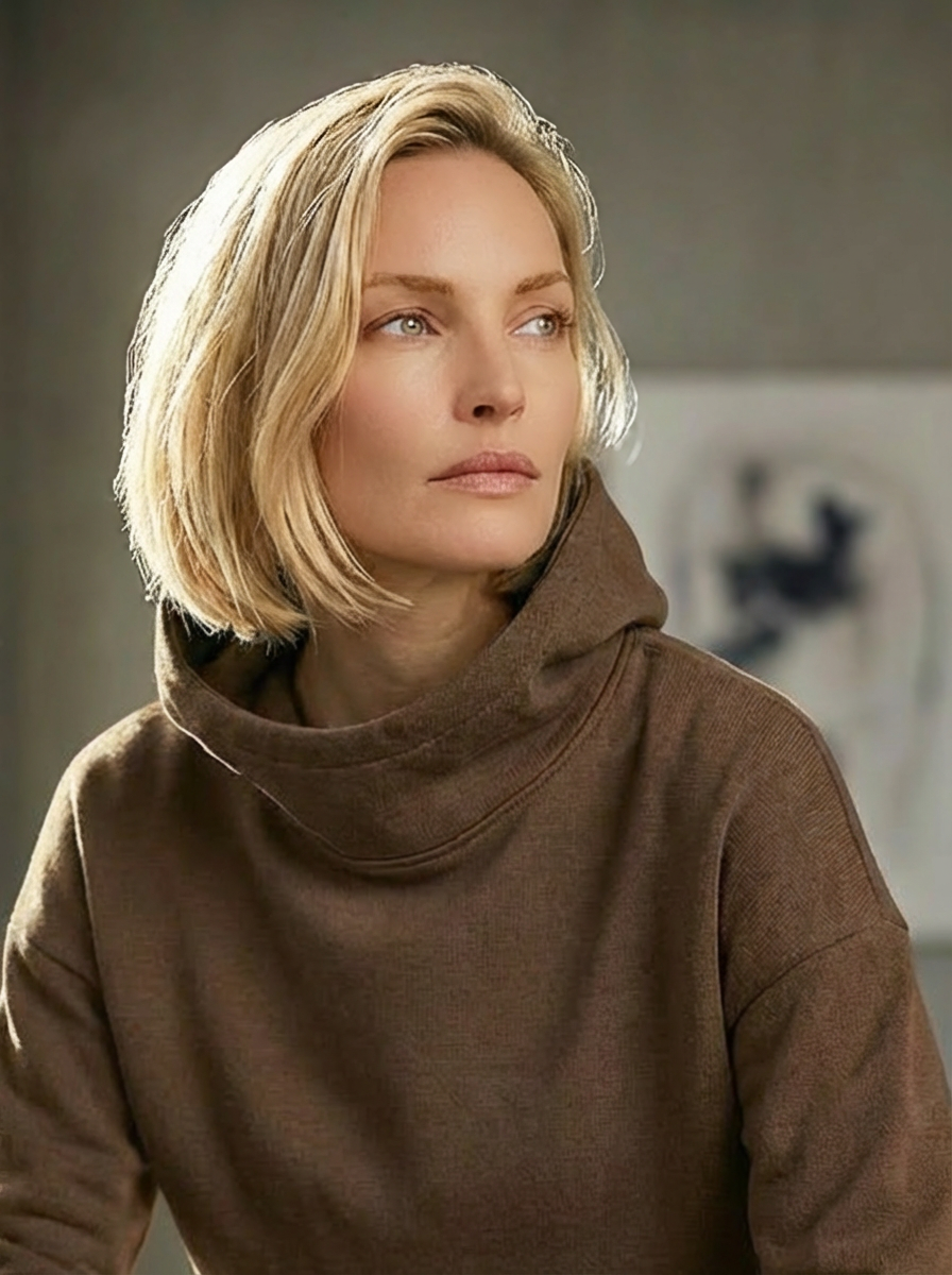 Model wearing Bou Clothing’s Tan Deryn luxury hoodie in a softly lit modern interior, showcasing a relaxed fit, premium fabric, and minimalist neutral style.