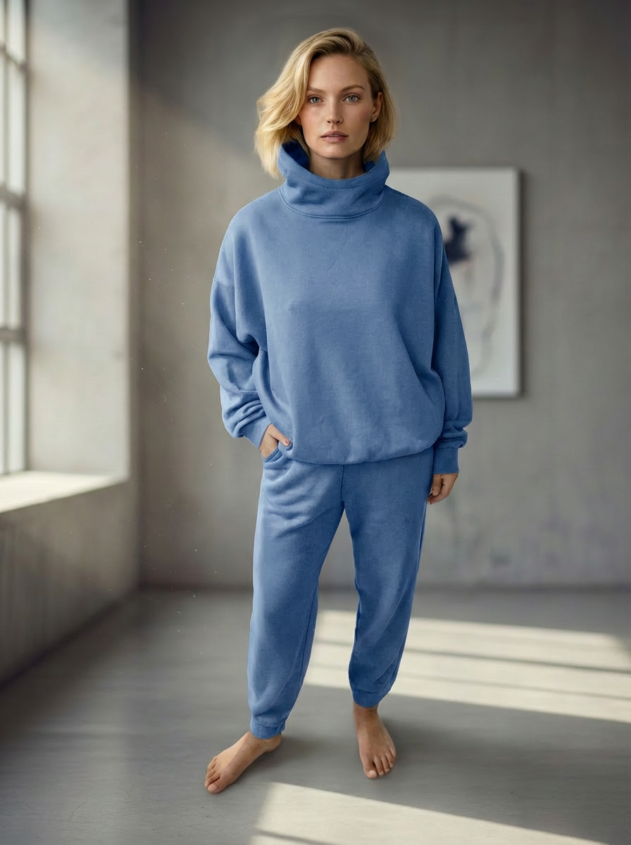 Model wearing Bou Clothing’s Denim Blue luxury Deryn hoodie and matching joggers, in a softly lit modern interior, showcasing a relaxed fit, premium fabric, and minimalist neutral style.