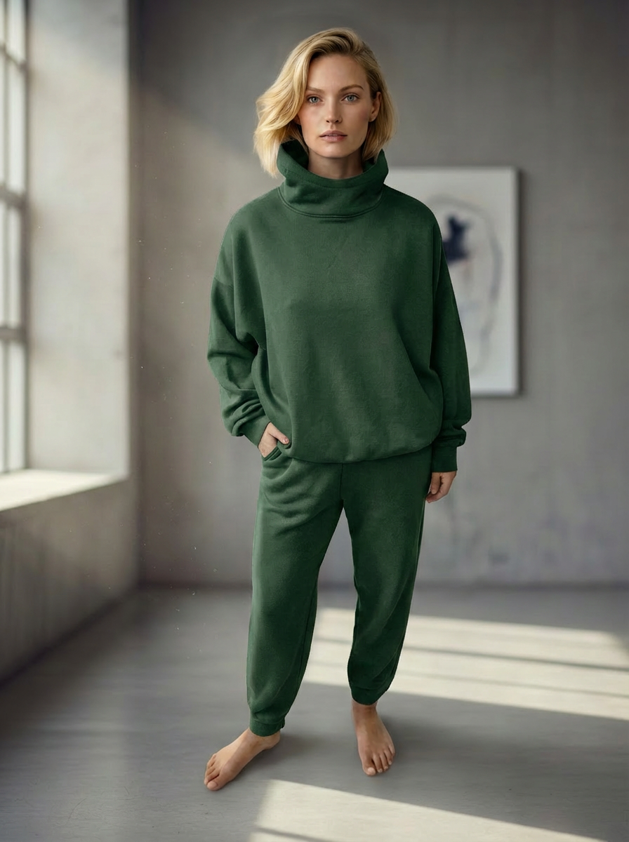 Model wearing Bou Clothing’s Forest luxury Deryn hoodie and matching joggers,  in a softly lit modern interior, showcasing a relaxed fit, premium fabric, and minimalist neutral style.