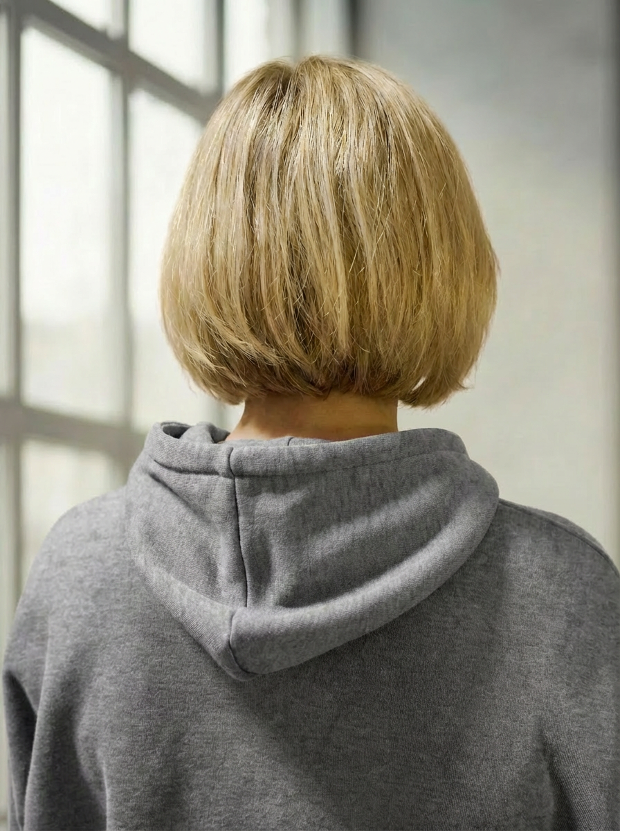 Model wearing Bou Clothing’s Grey Deryn luxury hoodie in a softly lit modern interior, showcasing a relaxed fit, premium fabric, and minimalist neutral style.