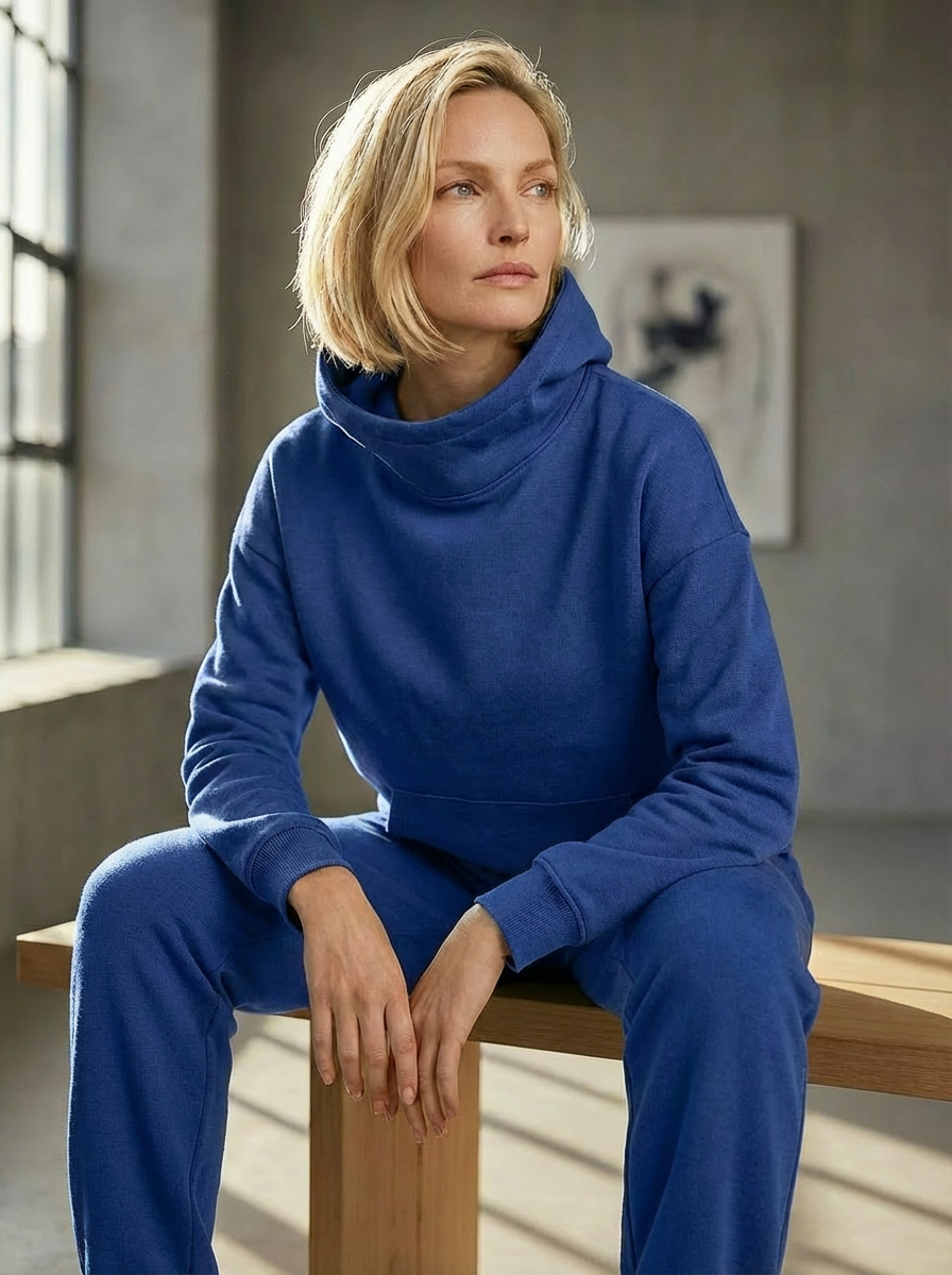 Model wearing Bou Clothing’s Cornflower luxury hoodie and matching joggers, seated on a wooden bench in a softly lit modern interior, showcasing a relaxed fit, premium fabric, and minimalist neutral style.