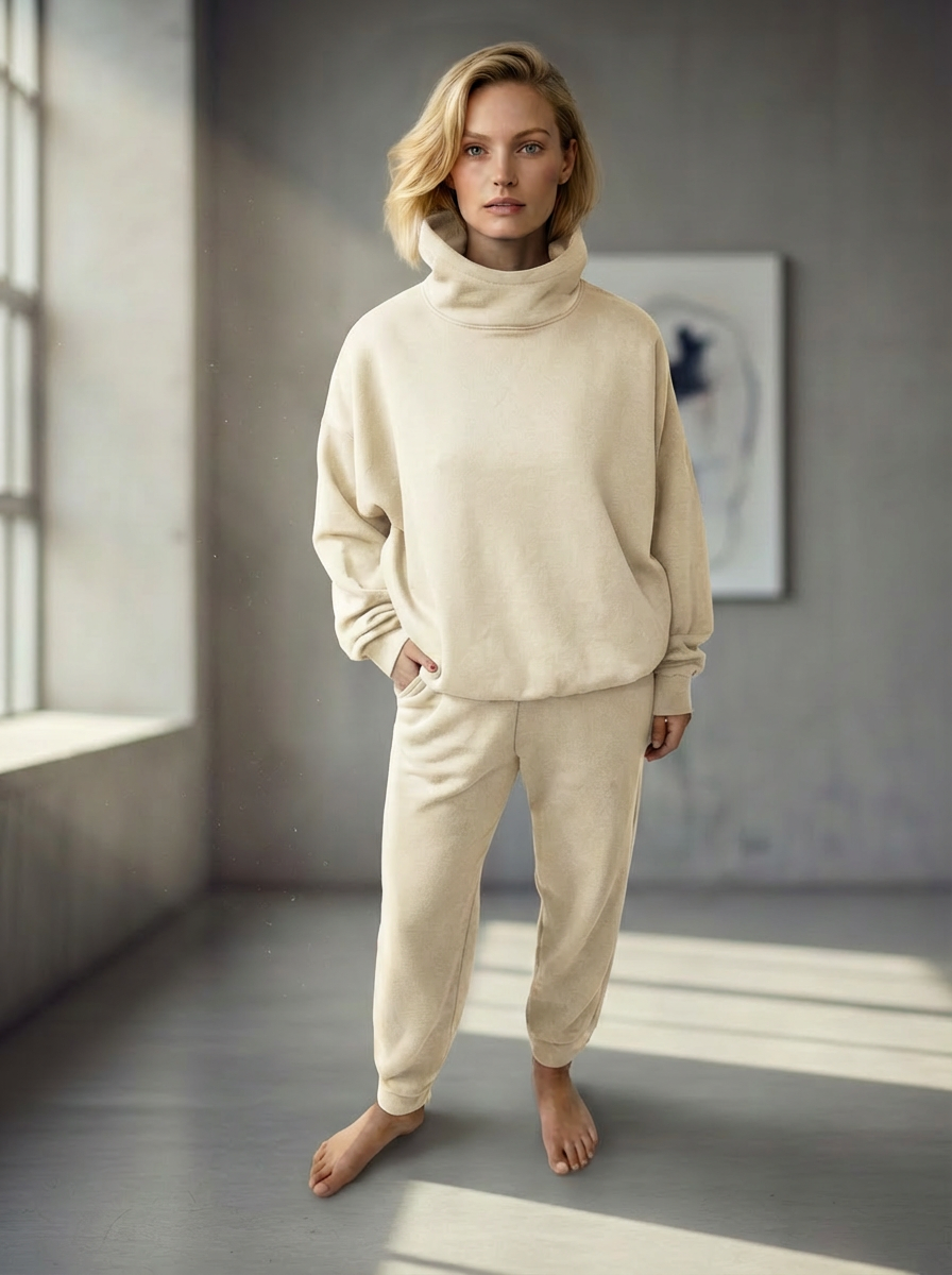 Model standing wearing Bou Clothing’s cream luxury hoodie and matching joggers,  in a softly lit modern interior, showcasing a relaxed fit, premium fabric, and minimalist neutral style.