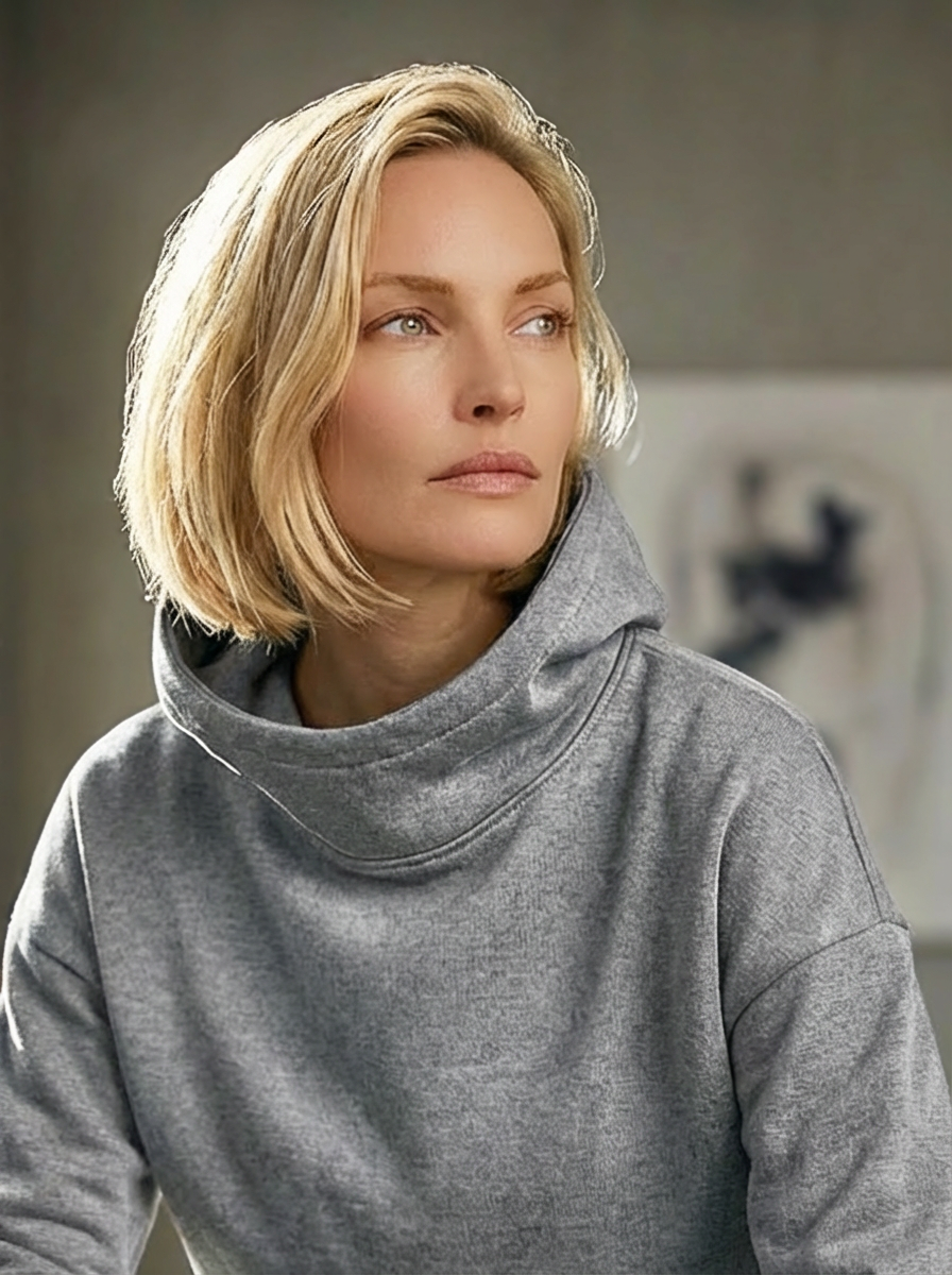 Model wearing Bou Clothing’s Grey luxury Deryn hoodie  in a softly lit modern interior, showcasing a relaxed fit, premium fabric, and minimalist neutral style.