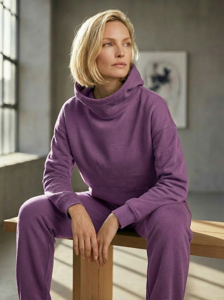 Model wearing Bou Clothing’s Sorbet Deryn luxury hoodie and matching joggers, seated on a wooden bench in a softly lit modern interior, showcasing a relaxed fit, premium fabric, and minimalist neutral style.