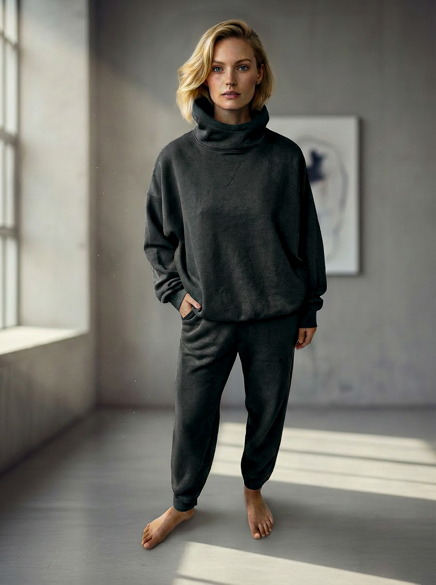 Model wearing Bou Clothing’s Black Marl luxury Deryn hoodie and matching joggers, in a softly lit modern interior, showcasing a relaxed fit, premium fabric, and minimalist neutral style.